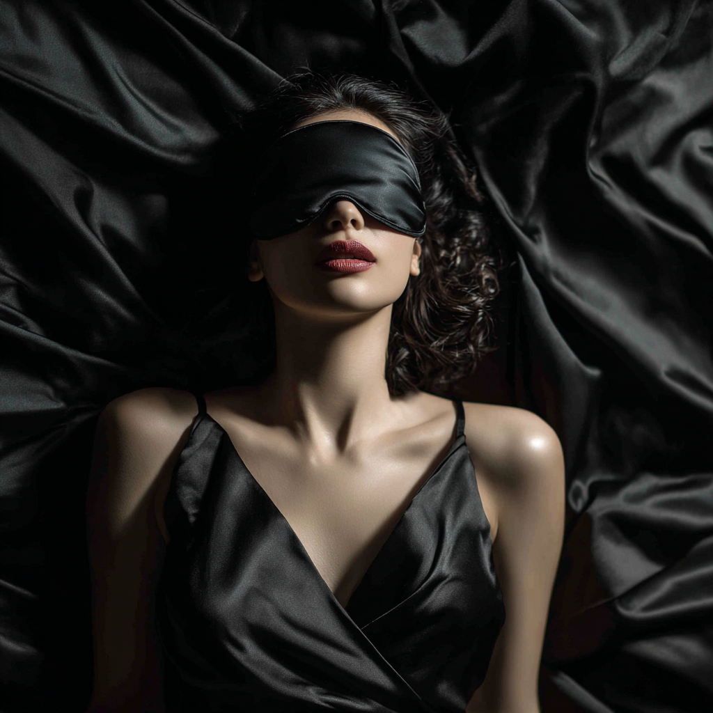 bodily woman wearing a black silk eye mask and lying on black silk sheet